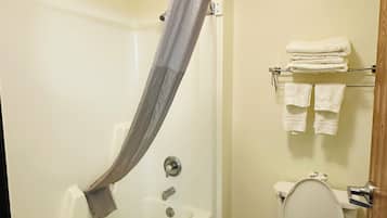 Combined shower/tub, hair dryer, towels, soap
