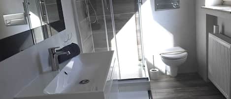 Regadera, toallas, jabón, papel de baño