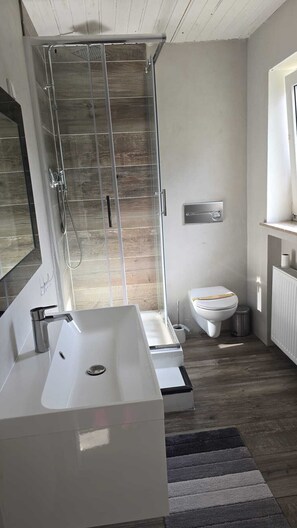Shower, towels, soap, toilet paper