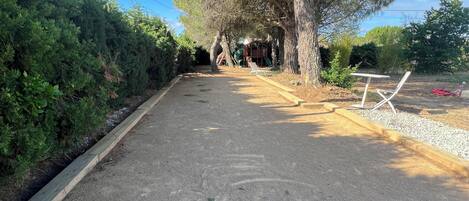 A paved pathway with a wooden border, surrounded by dense greenery and trees.