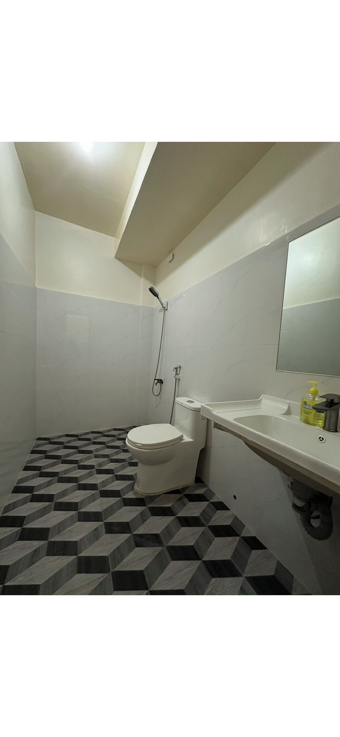 A bathroom with a toilet, a sink, and a shower. The floor has a geometric tile pattern.