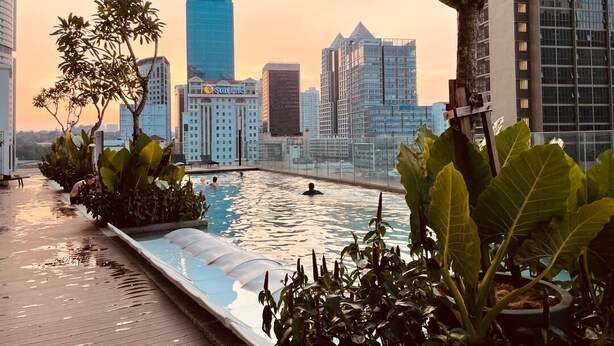 Piscina no terraço com vista para o horizonte da cidade, cercada por vegetação.