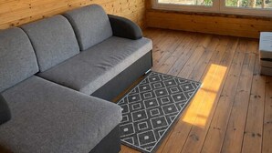 Et sommerhusinteriør med en sofa, et tæppe og et vindue med udsigt til træer.