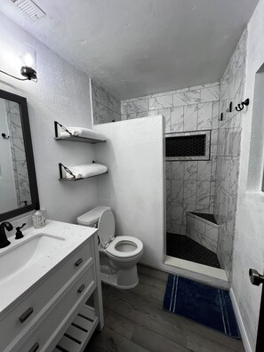A bathroom with a toilet, a sink, a mirror, and a shower area. - Backyard Paradise Saltwater Pool House (Gainesville)