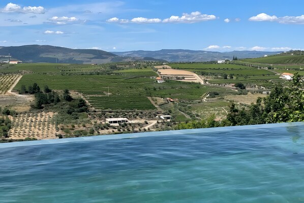 A coastal landscape with vineyards, a swimming pool, and distant mountains.