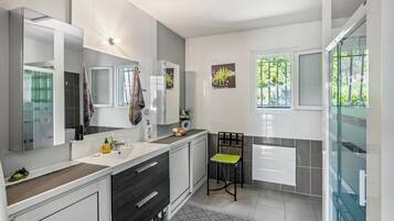 Shower, hair dryer, towels