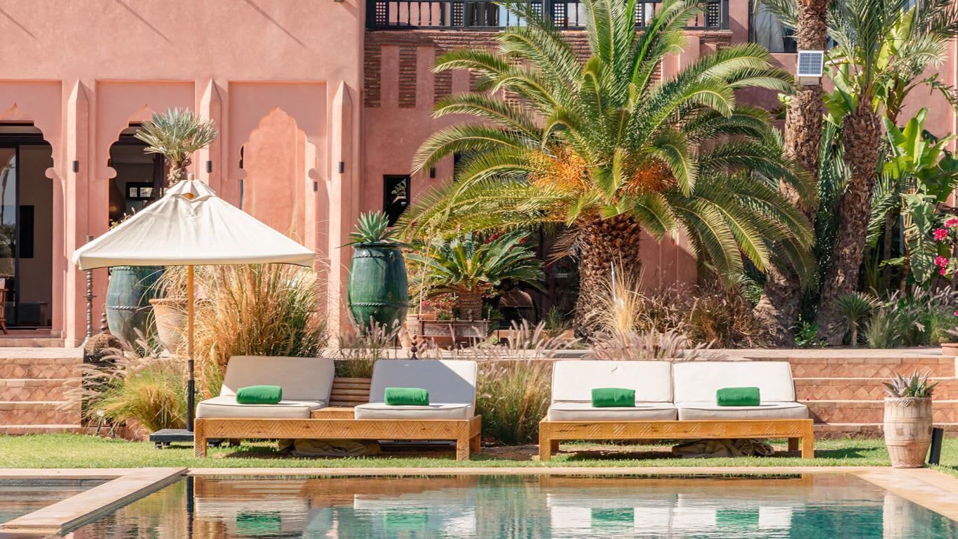 A poolside area with two wooden lounge chairs, a white umbrella, and a palm tree.