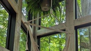 Una habitación con ventanas amplias, una hamaca colgante y vista a árboles.