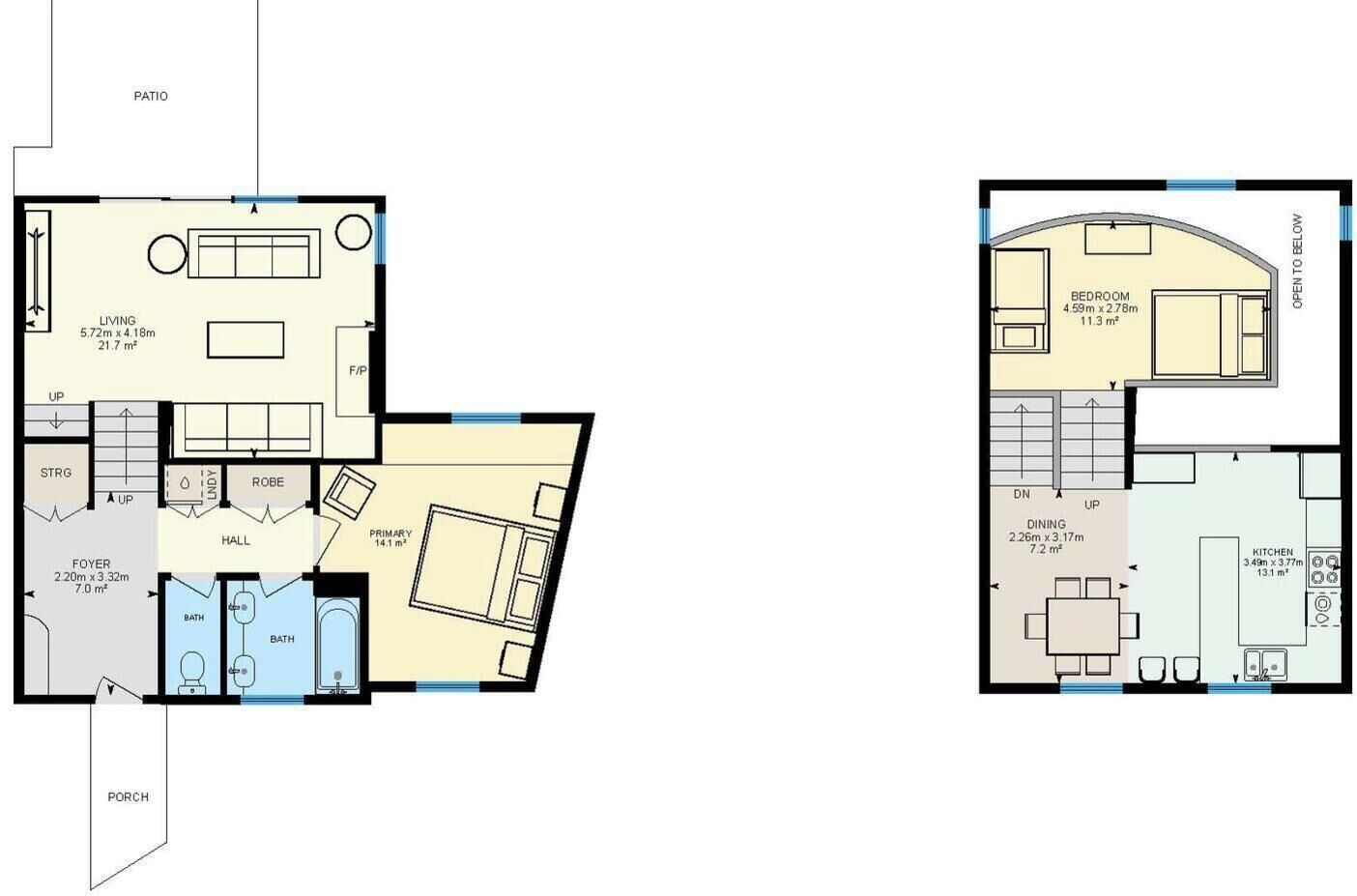 A floor plan with a living room, dining area, kitchen, bedroom, bathroom, foyer, and a patio.