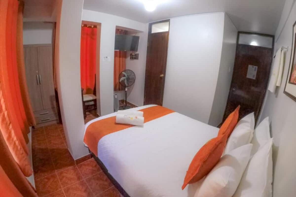 A hotel room with a bed, a wardrobe, a mirror, and a fan.