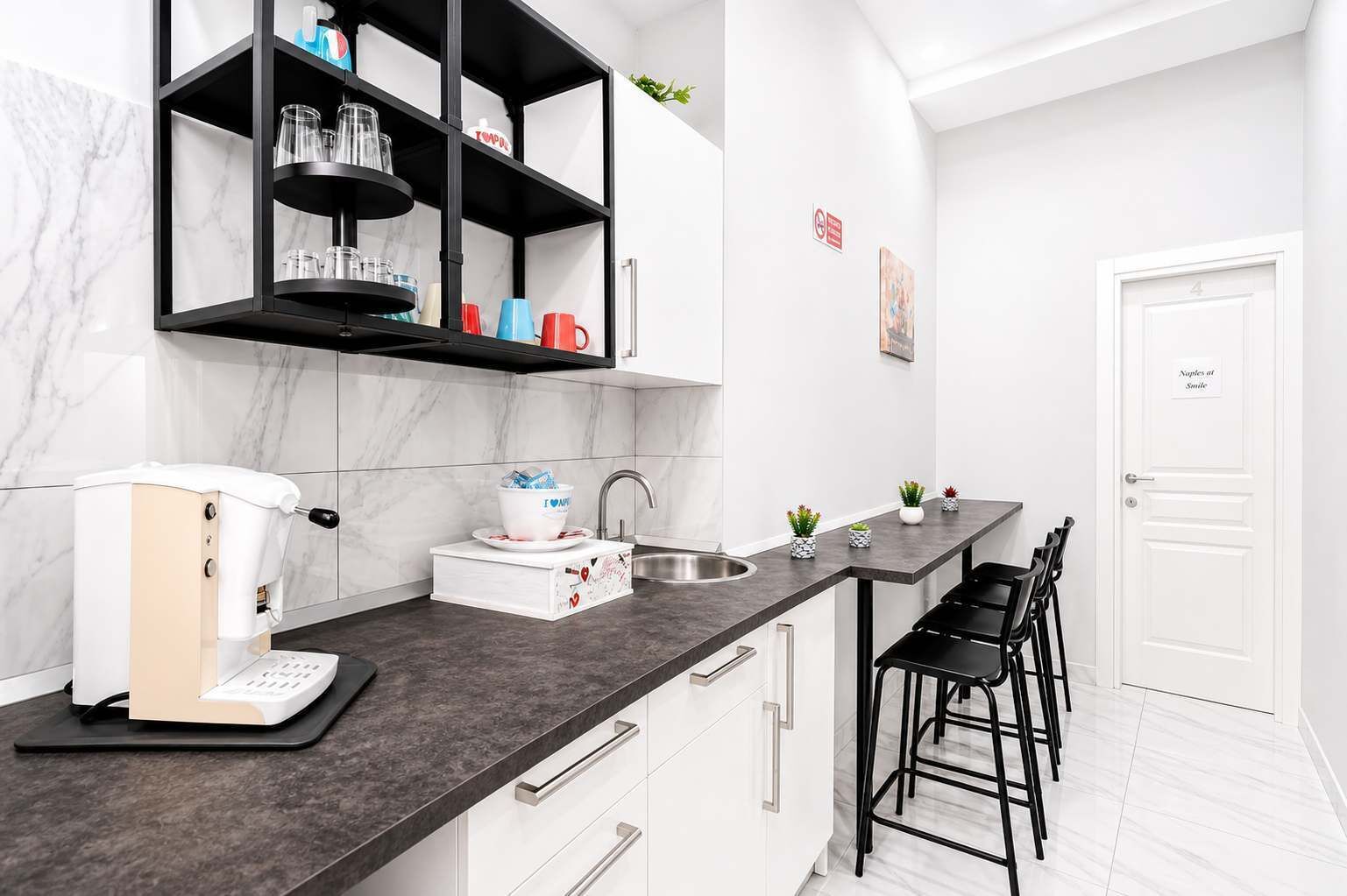 Fridge, microwave, coffee/tea maker, electric kettle