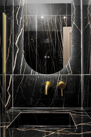 Chuveiro, secador de cabelo, toalhas de banho, shampoo