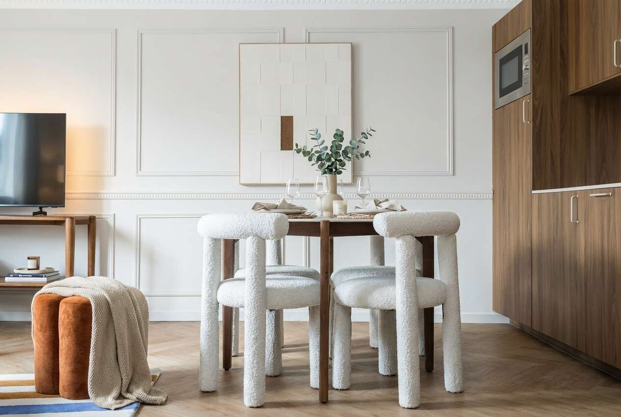 A dining area with a table, four chairs, a vase with flowers, a television, and wooden cabinets.