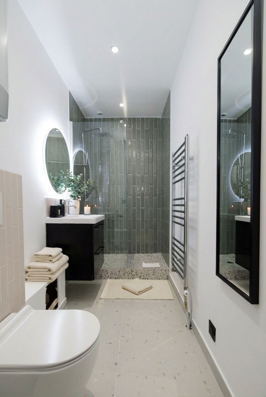 Douche, sèche-cheveux, serviettes fournies, savon
