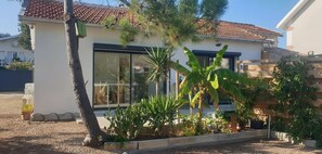 Ein modernes Haus mit einem großen Fenster, einem Ziegeldach und einem Garten mit verschiedenen Pflanzen.