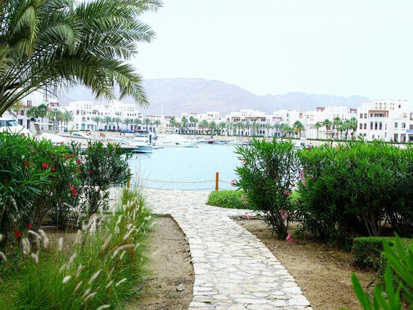 A coastal town with a stone pathway leading to a marina, surrounded by white buildings and palm trees.