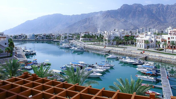 Un puerto deportivo con barcos, un paseo marítimo y edificios de arquitectura mediterránea.