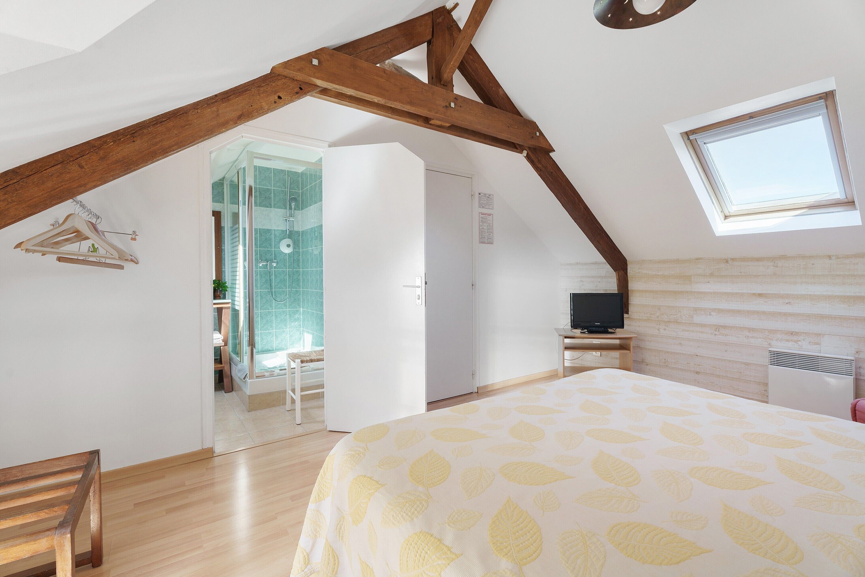 Ein Schlafzimmer mit schräg steilender Decke, einem Bett mit blattgemustertem Überwurf, einem Fernseher und einem Fenster.