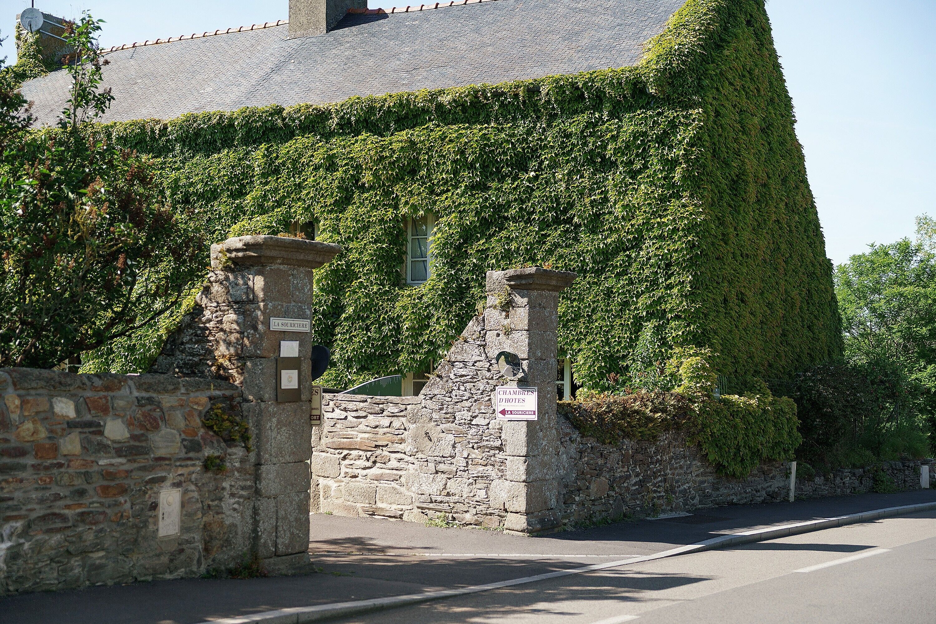 Ein Steinhaus mit steiler Satteldachform, bewachsen mit Efeu, und einem Schild mit der Aufschrift 'Chambres Dits de Vignes'.