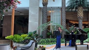 Un'ampia area interna con un palco, posti a sedere e palme.
