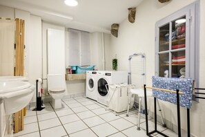 Shower, hair dryer, towels