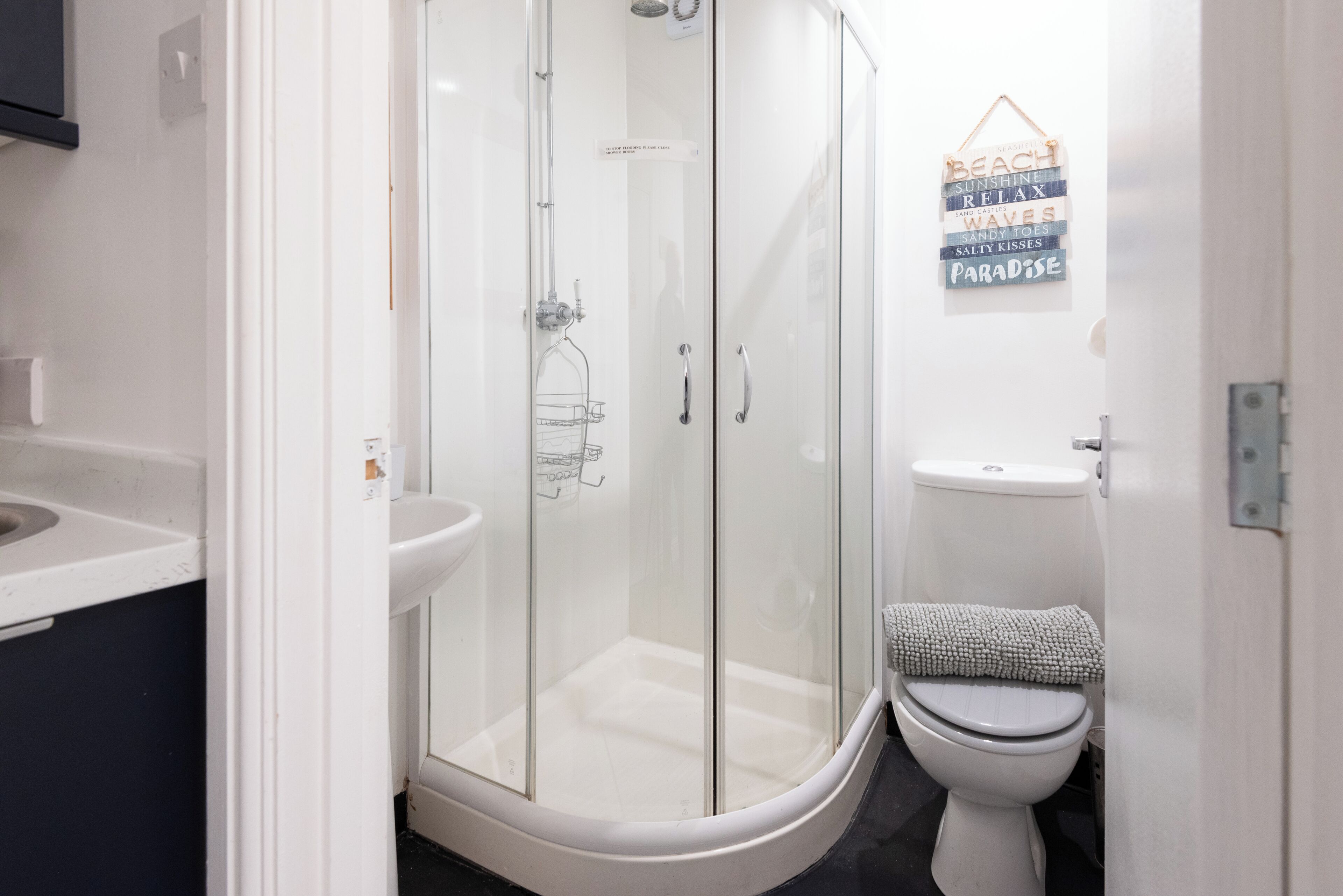 Shower, towels, soap, shampoo