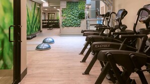 Un gimnasio con cintas de correr, pelotas de ejercicio y una pared verde.