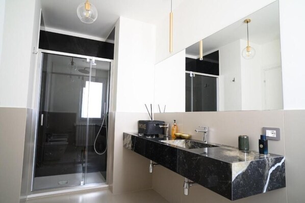 Shower, hair dryer, bidet, towels