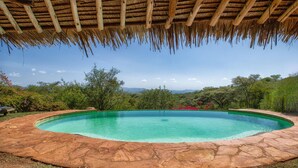 A swimming pool with a stone border, surrounded by greenery and a thatched roof overhead. - Private Bush Camp With Pool Cottages Tents - 2332 (Bisil)