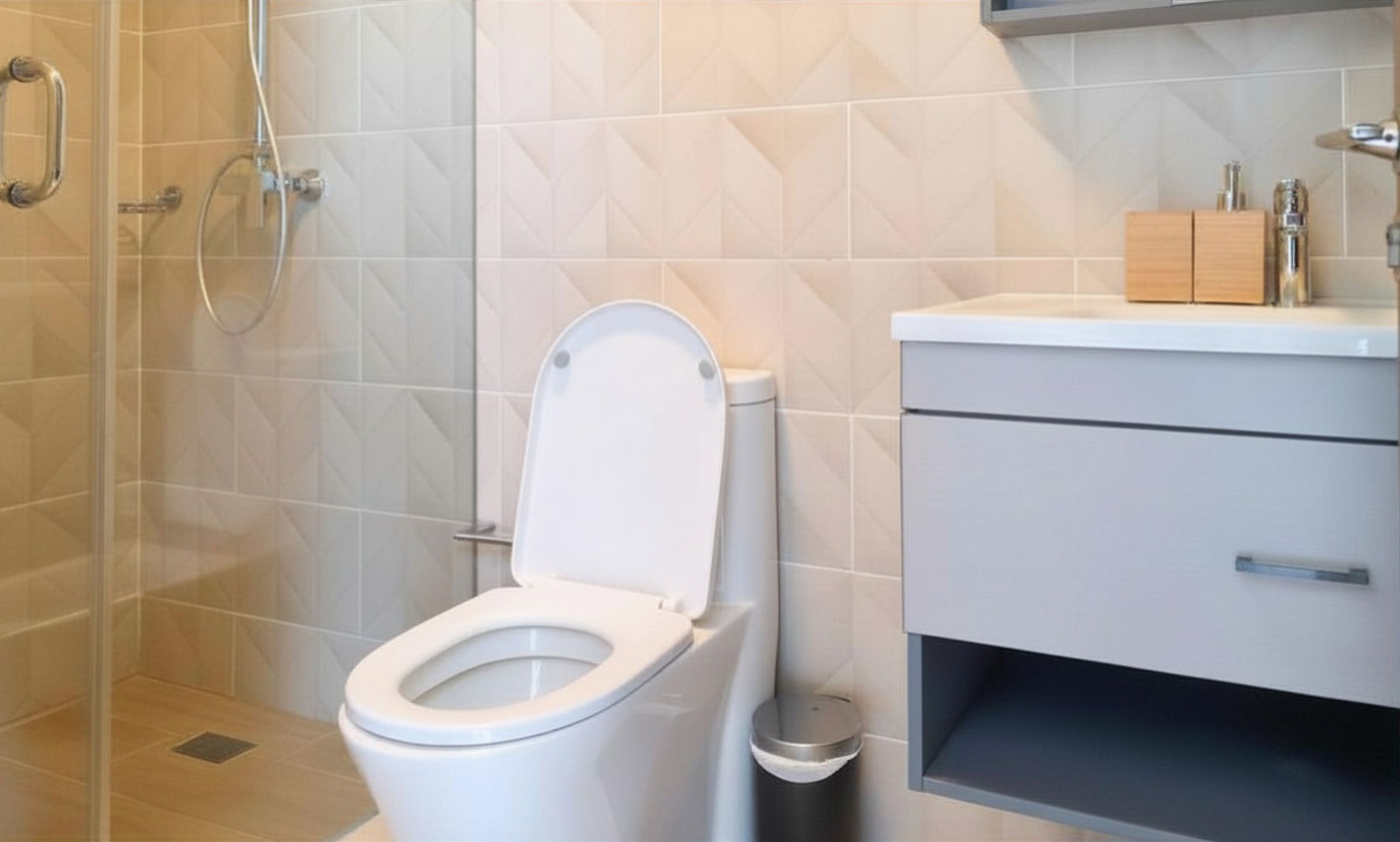 Ein modernes Badezimmer mit Toilette, Dusche und Waschtisch.