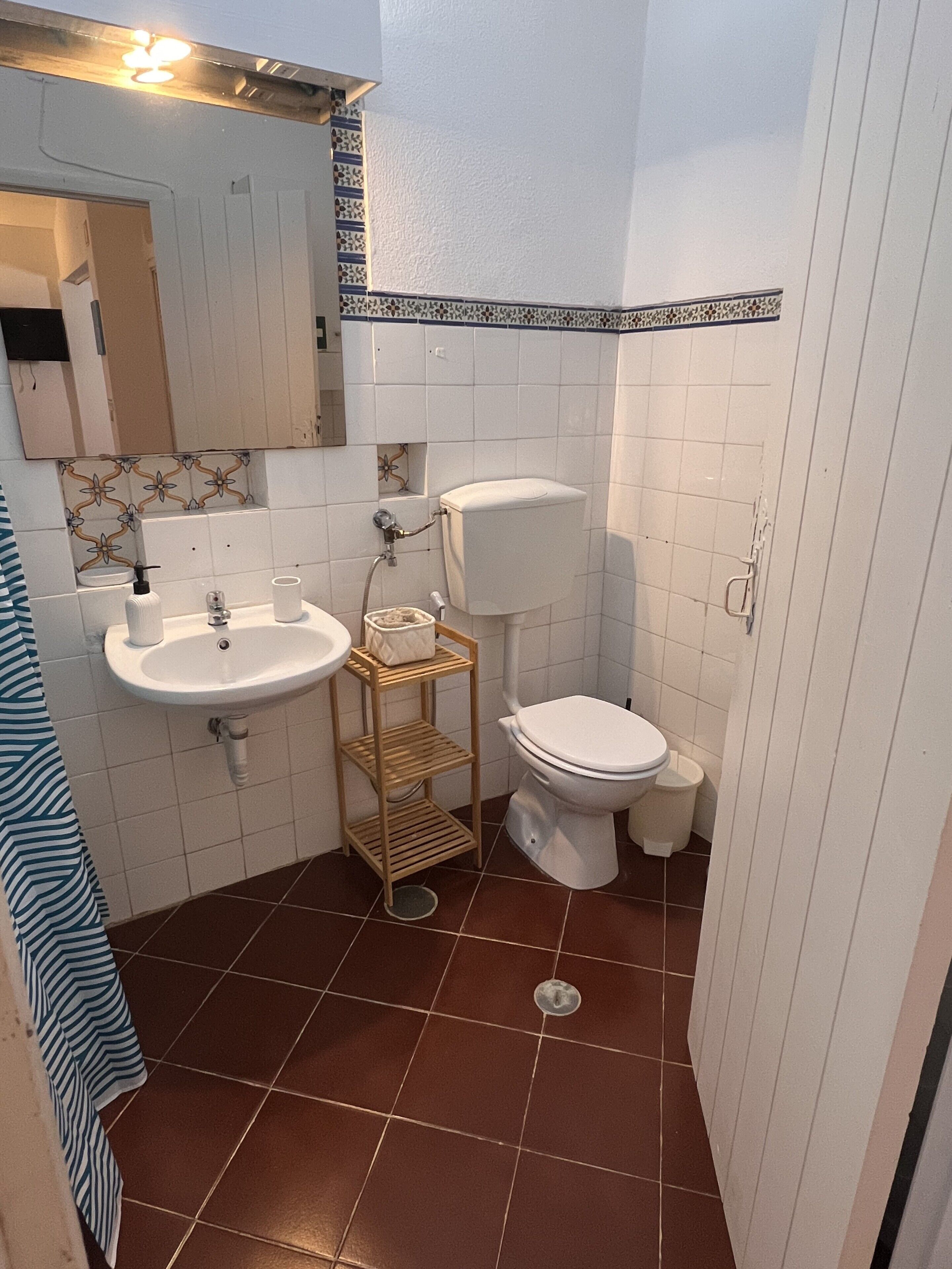 A bathroom with a sink, toilet, and shower.