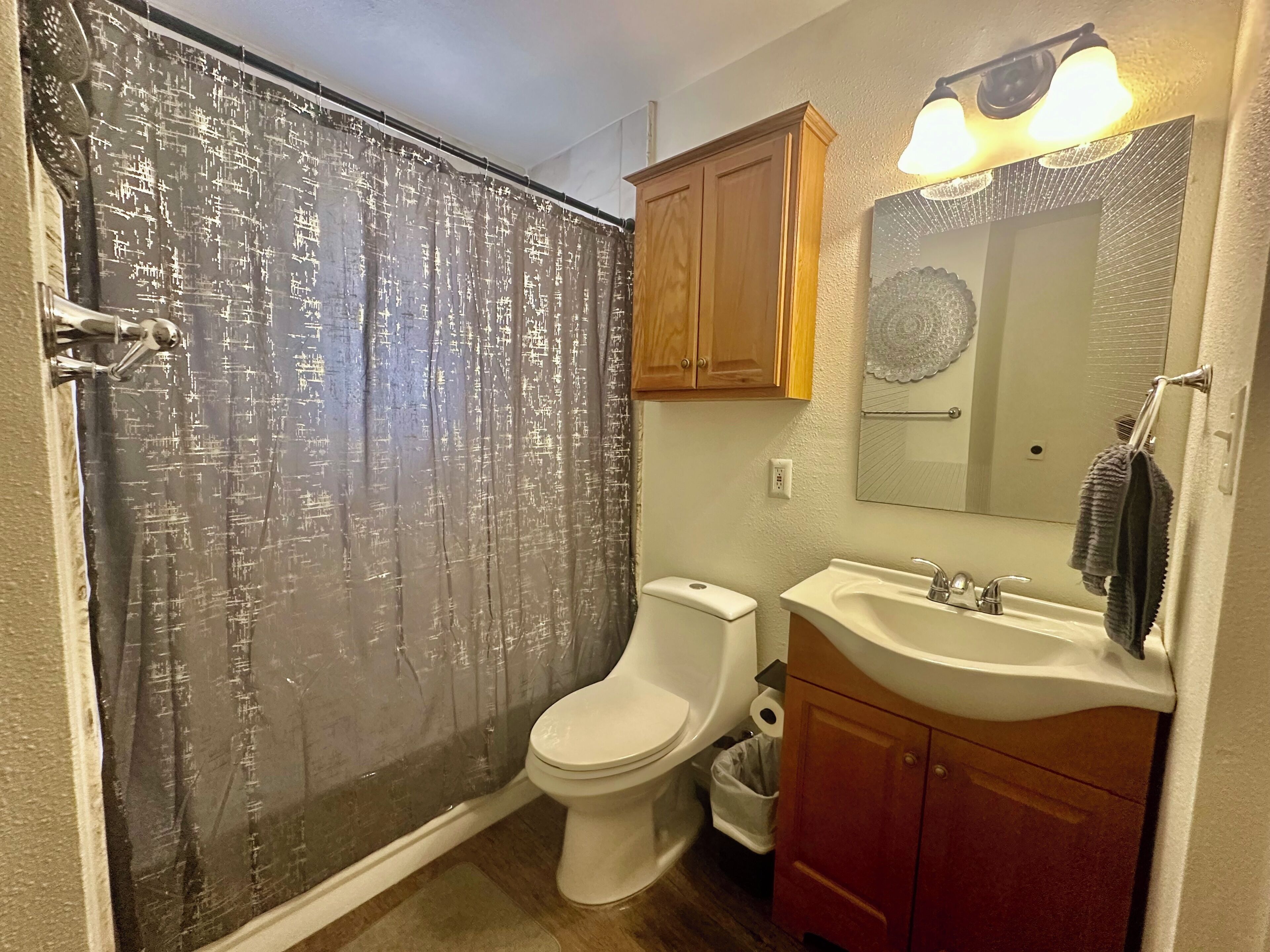 Hair dryer, towels, soap, shampoo