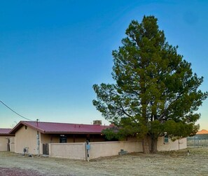 A single-story building with a red roof, a large tree in front, and a clear sky. - Come for the peacocks stay for the view! (Las Cruces)
