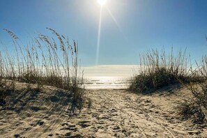 Een zandpad langs het strand, met hoge grassen en een heldere lucht.