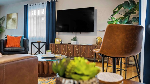 Una sala de estar moderna con un sofá, una mesa de centro, un televisor y una planta.
