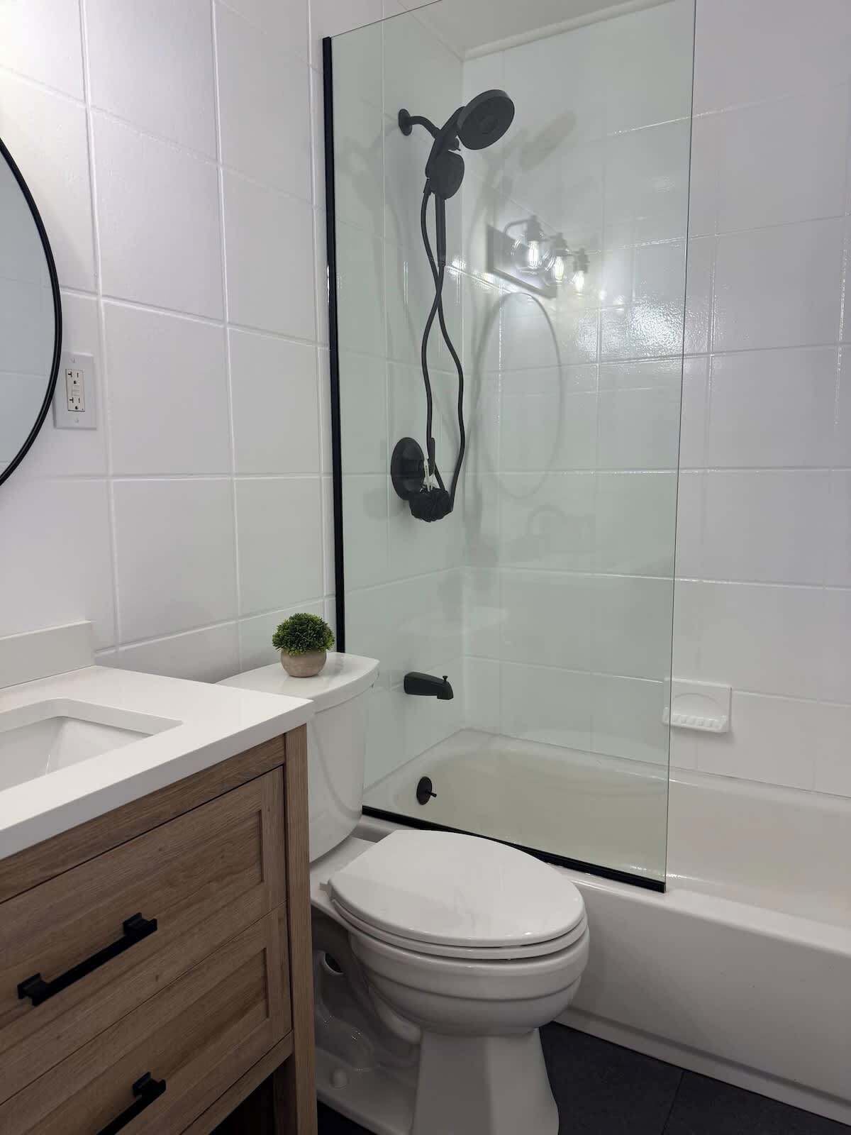 Shower, hair dryer, shampoo