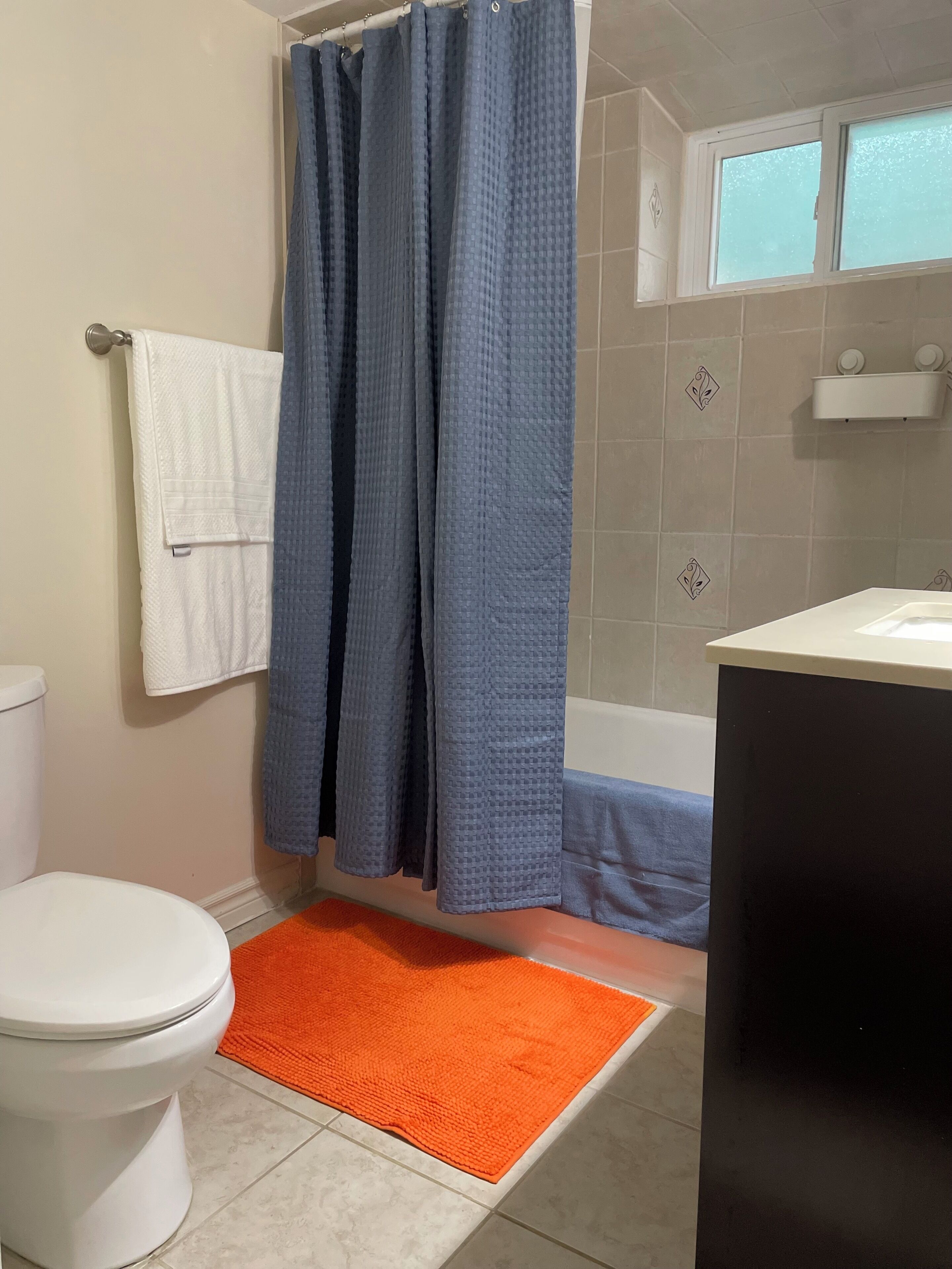 Une salle de bain équipée de toilettes, d’un rideau de douche, d’une baignoire et d’un lavabo.