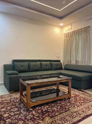 Una sala de estar con un sofá verde, una mesa de centro de madera y un tapete estampado.