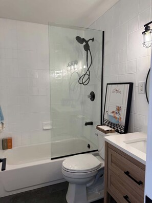 Douche, sèche-cheveux, shampoing