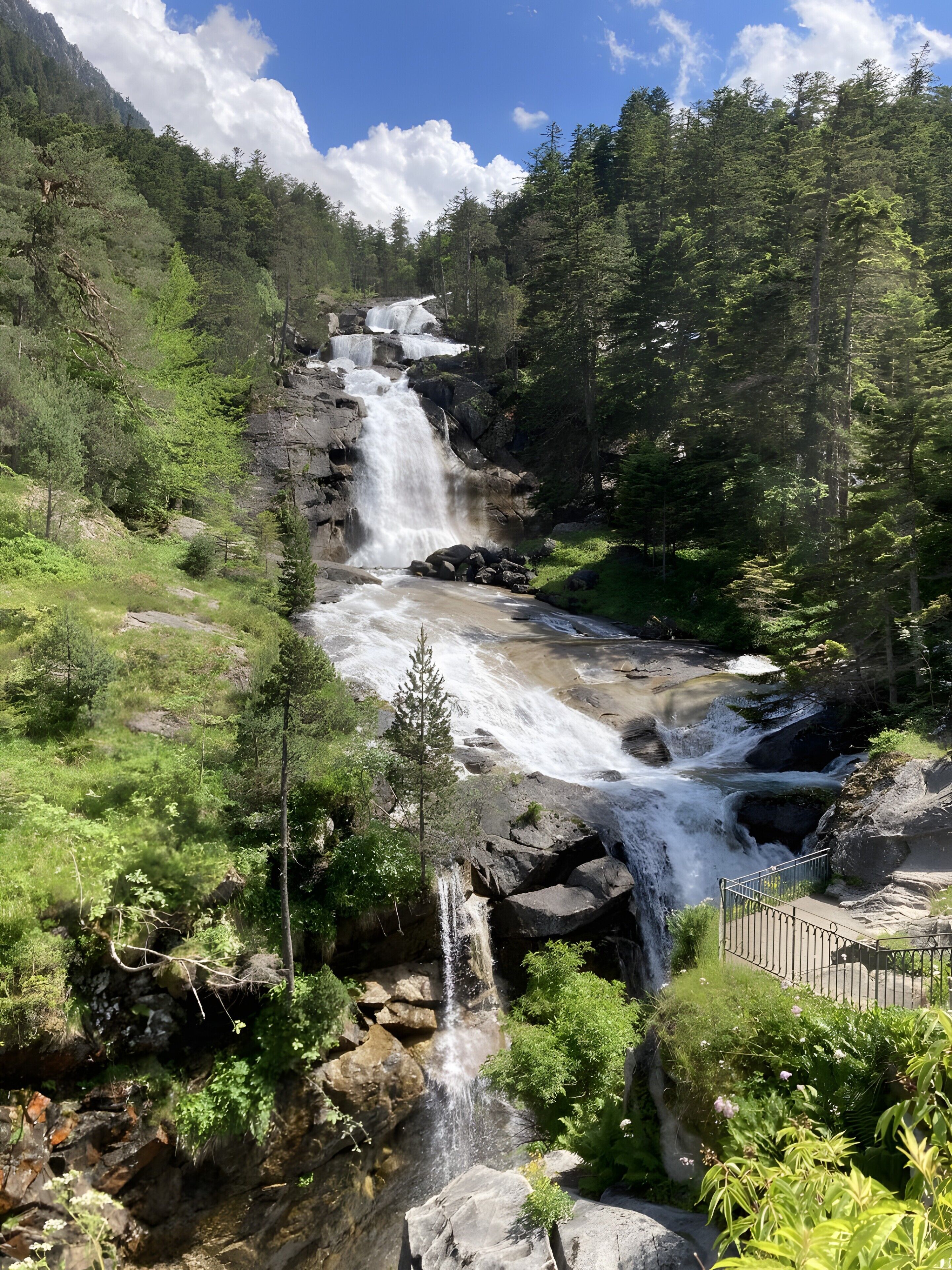 Una cascada fluye sobre rocas en un área boscosa, con un cielo despejado.