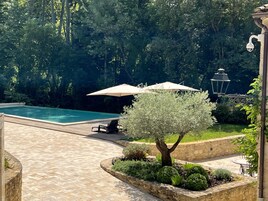 A swimming pool with a tiled deck, surrounded by lush greenery and a stone wall.