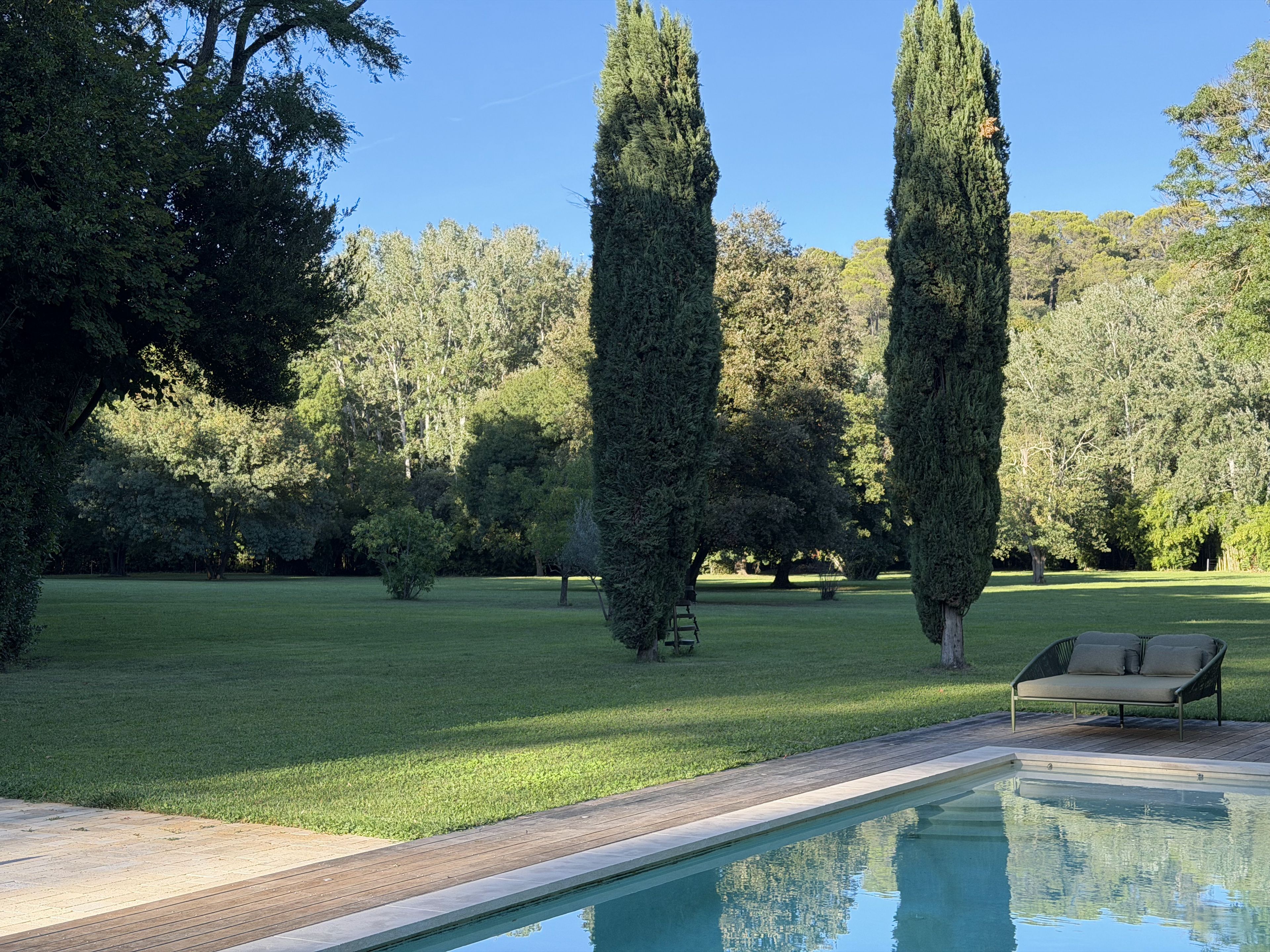 A swimming pool with a wooden deck, surrounded by a well-maintained lawn and tall trees.