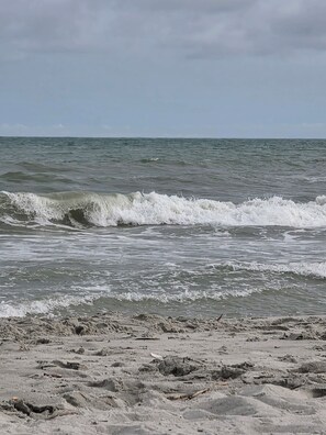 Ein Strand mit an die Küste rollenden Wellen.