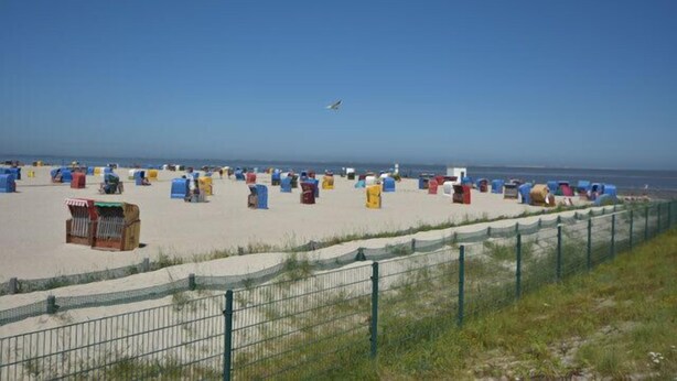 A beach with colorful beach huts and a clear sky. - NEW! Villa Totti - Anna's parlor (Neßmersiel)