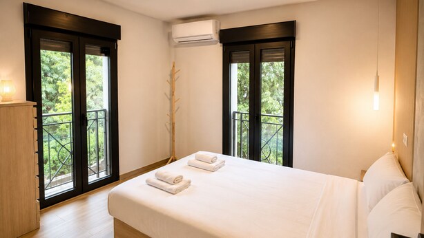 A hotel room with a bed, two windows, a wooden floor, and a balcony. - Collection Las Ventas Apartamento G Cerca de la Plaza de Toros (Madrid)