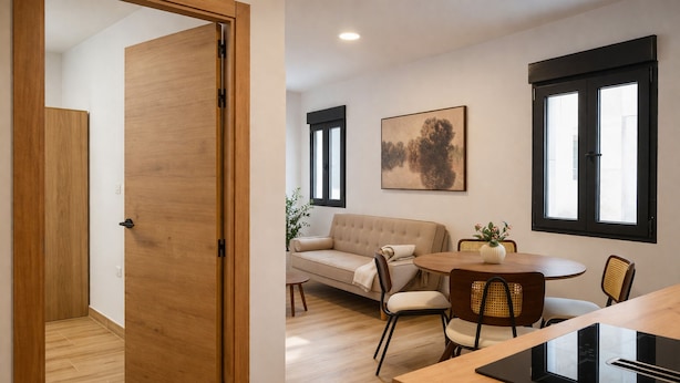 Una sala de estar moderna con sofá, mesa de comedor y sillas, una puerta de madera y una ventana con persianas.
