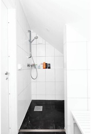 Chuveiro, secador de cabelo, toalhas de banho, sabonete