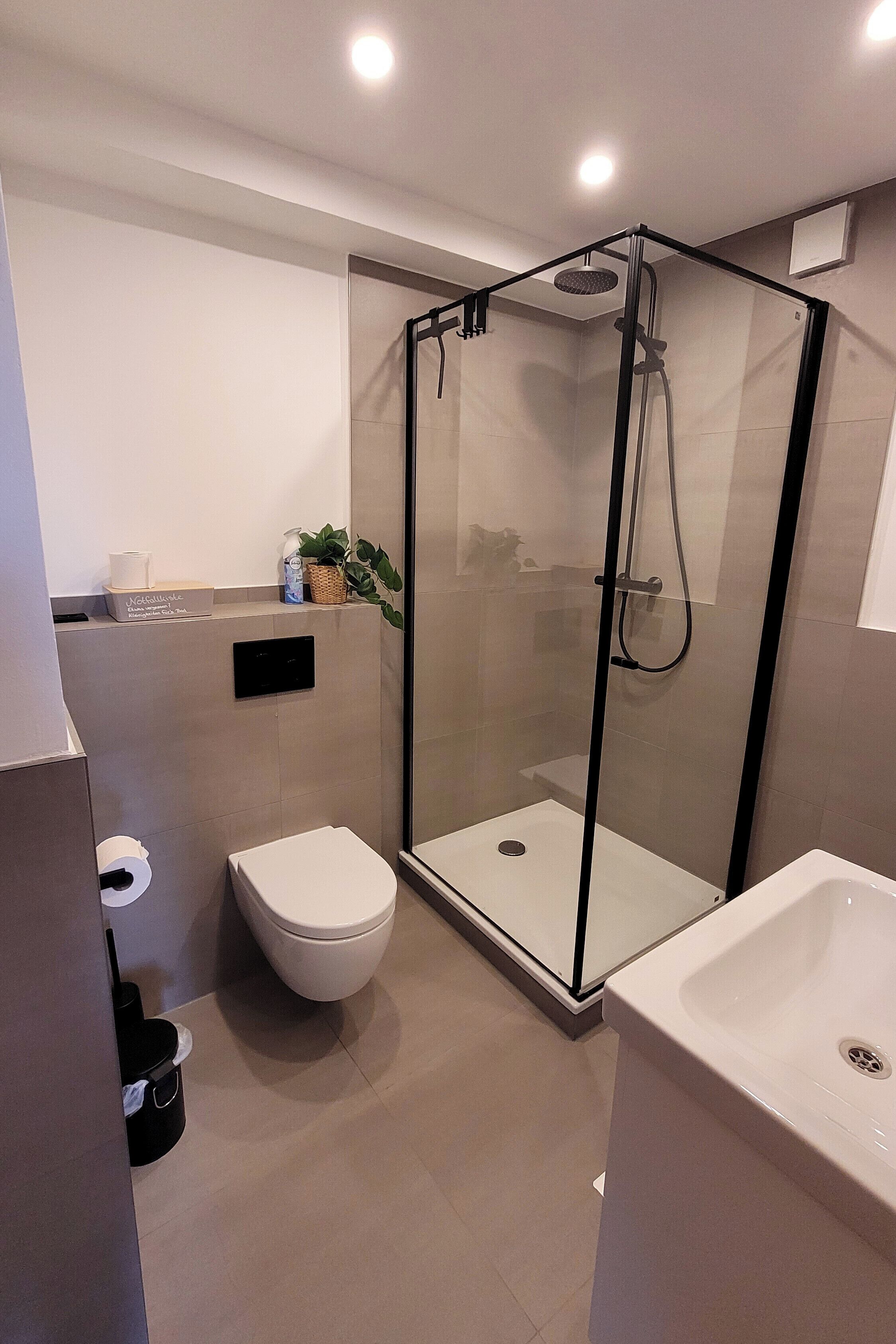 Dusche, Haartrockner, Seife, Toilettenpapier