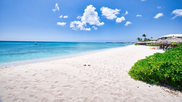Ein Strand mit klarem, blauem Wasser, sandigem Ufer und einigen Sonnenschirmen.