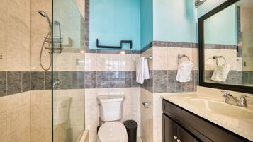 Shower, hair dryer, towels, soap